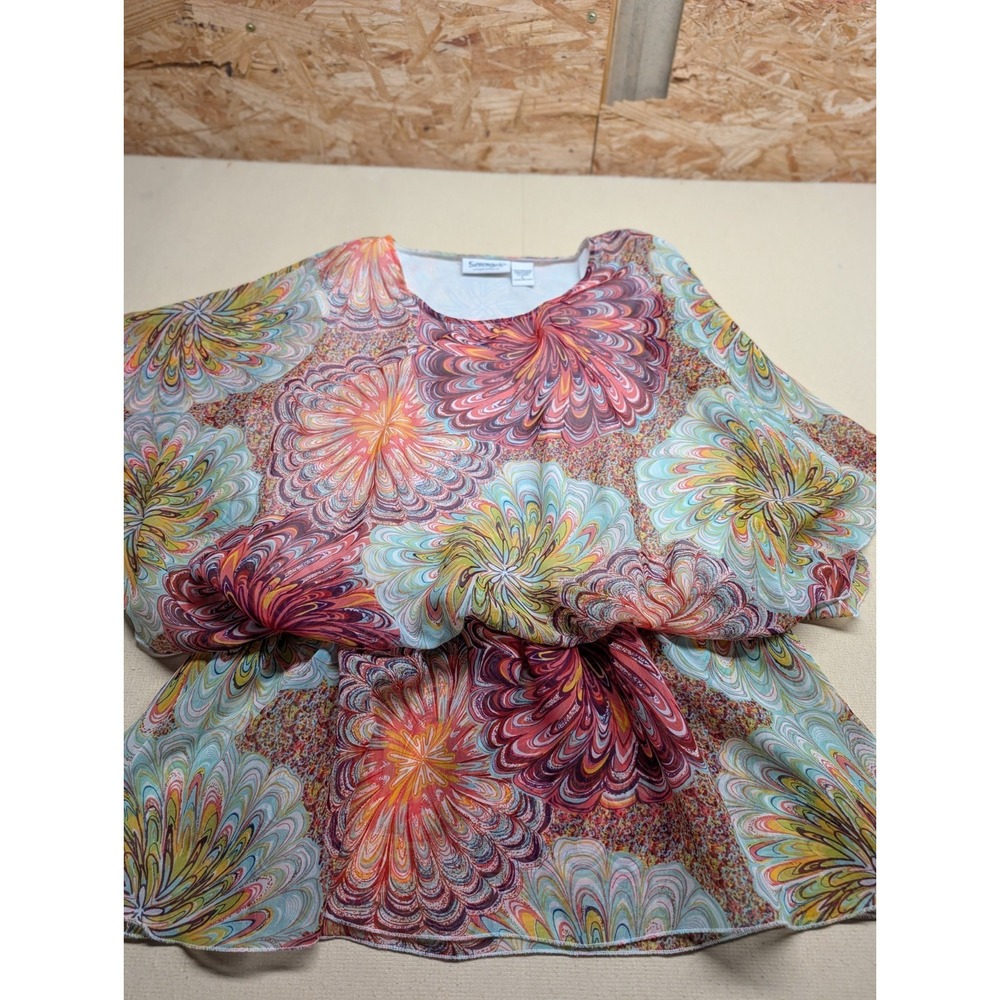 Serengeti Women's Blouse Size L Multicolor Elastic Waist Flowy 100% Polyester‎
